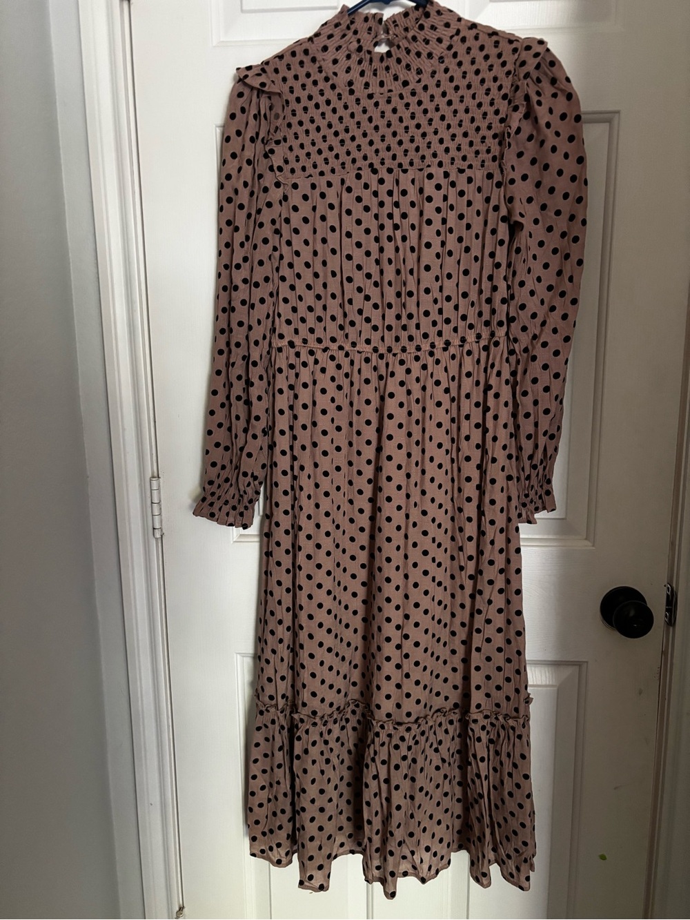Taupe Polka Dot Long Sleeve Midi Dress